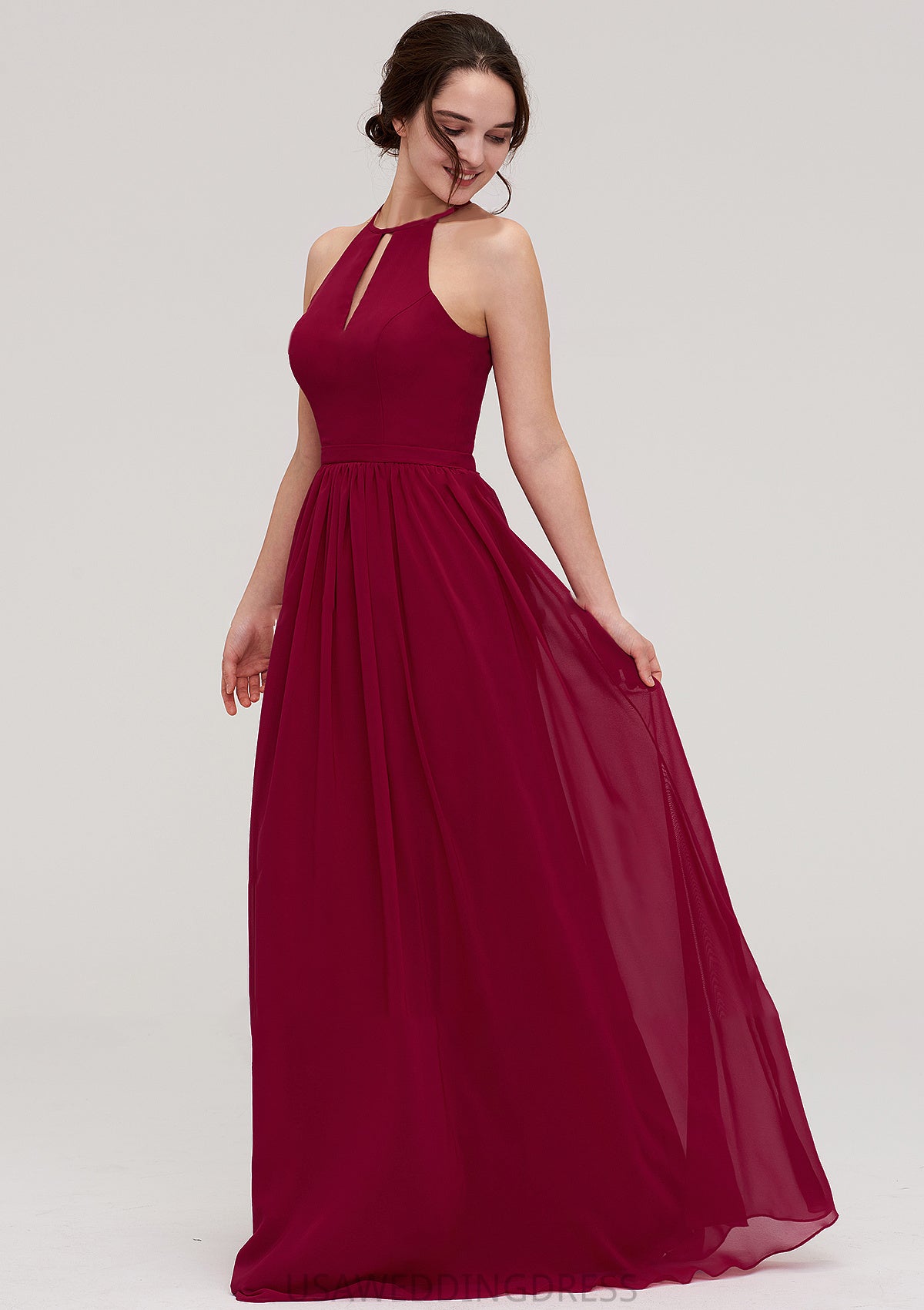 Scoop Neck Sleeveless A-line/Princess Long/Floor-Length Chiffon Bridesmaid Dresseses With Pleated Ursula DSP0025456