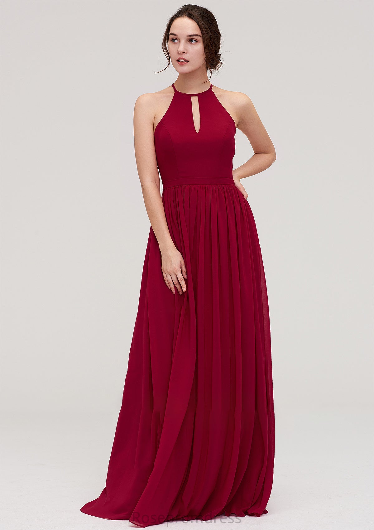 Scoop Neck Sleeveless A-line/Princess Long/Floor-Length Chiffon Bridesmaid Dresseses With Pleated Jaden SRSP0025456