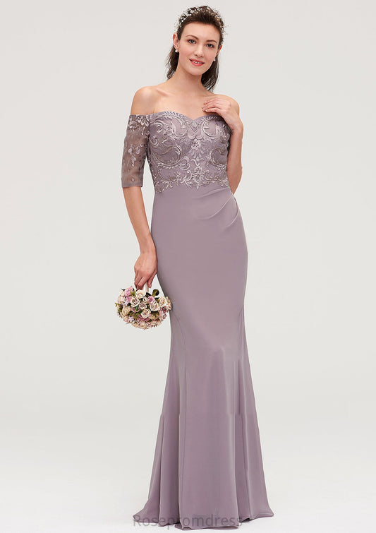 Off-the-Shoulder Half Sleeve Sheath/Column Long/Floor-Length Chiffon Bridesmaid Dresseses With Appliqued Iyana SRSP0025458