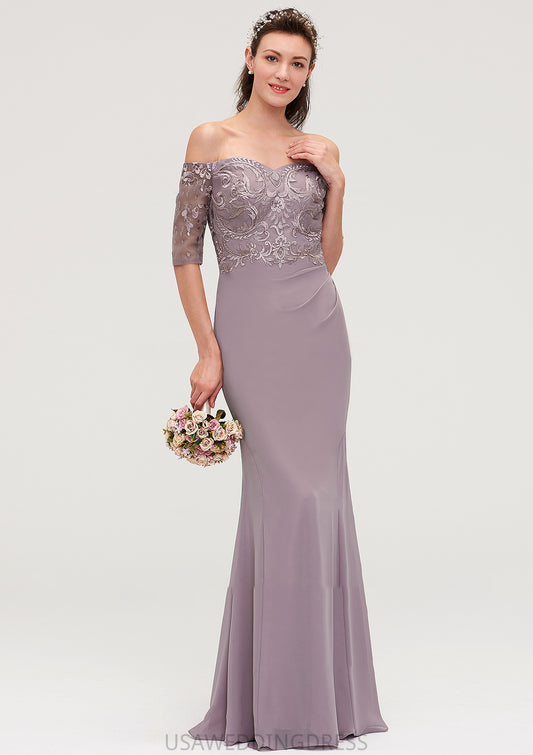 Off-the-Shoulder Half Sleeve Sheath/Column Long/Floor-Length Chiffon Bridesmaid Dresseses With Appliqued Salome DSP0025458