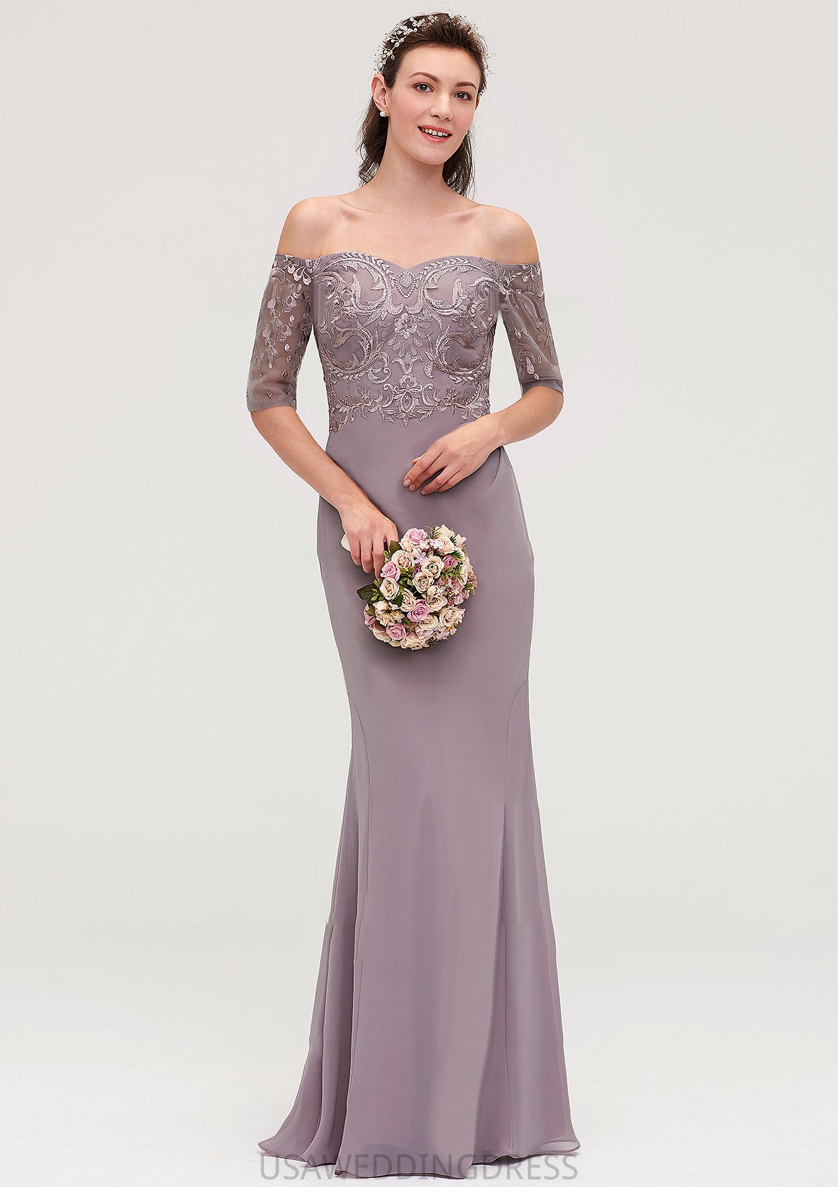 Off-the-Shoulder Half Sleeve Sheath/Column Long/Floor-Length Chiffon Bridesmaid Dresseses With Appliqued Salome DSP0025458