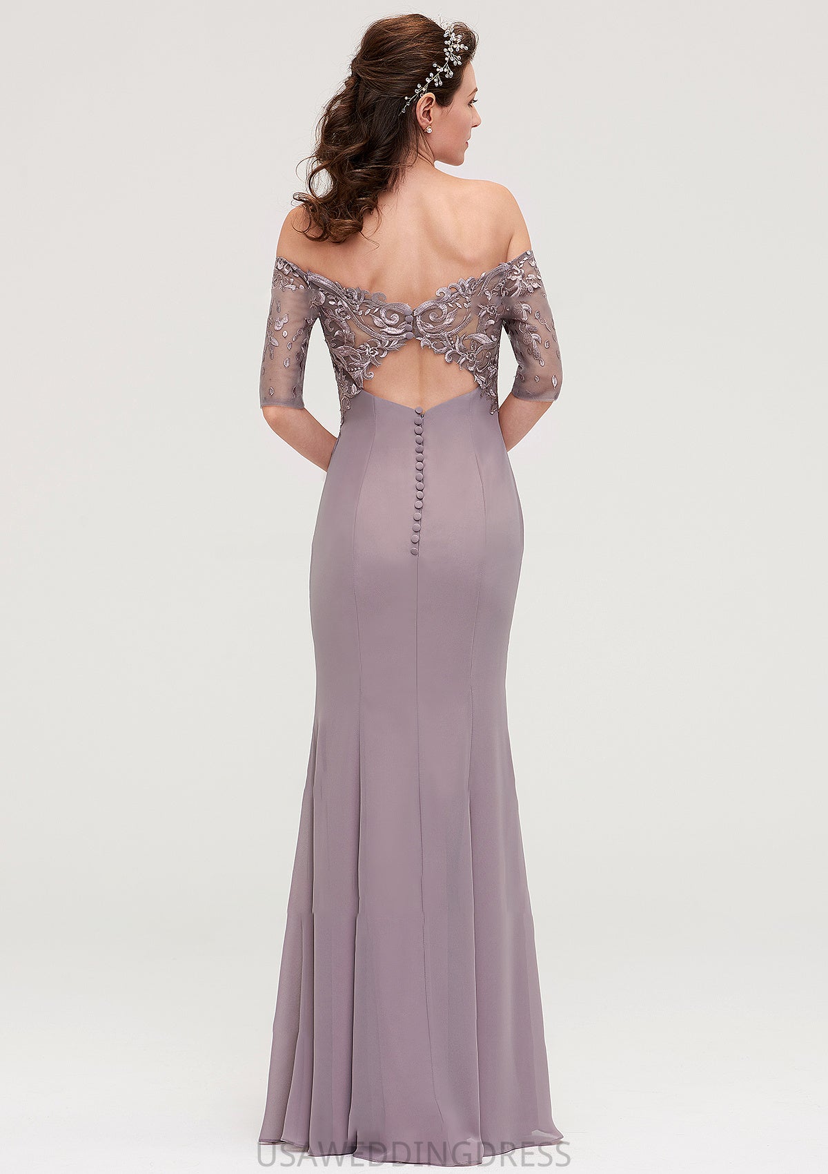 Off-the-Shoulder Half Sleeve Sheath/Column Long/Floor-Length Chiffon Bridesmaid Dresseses With Appliqued Salome DSP0025458