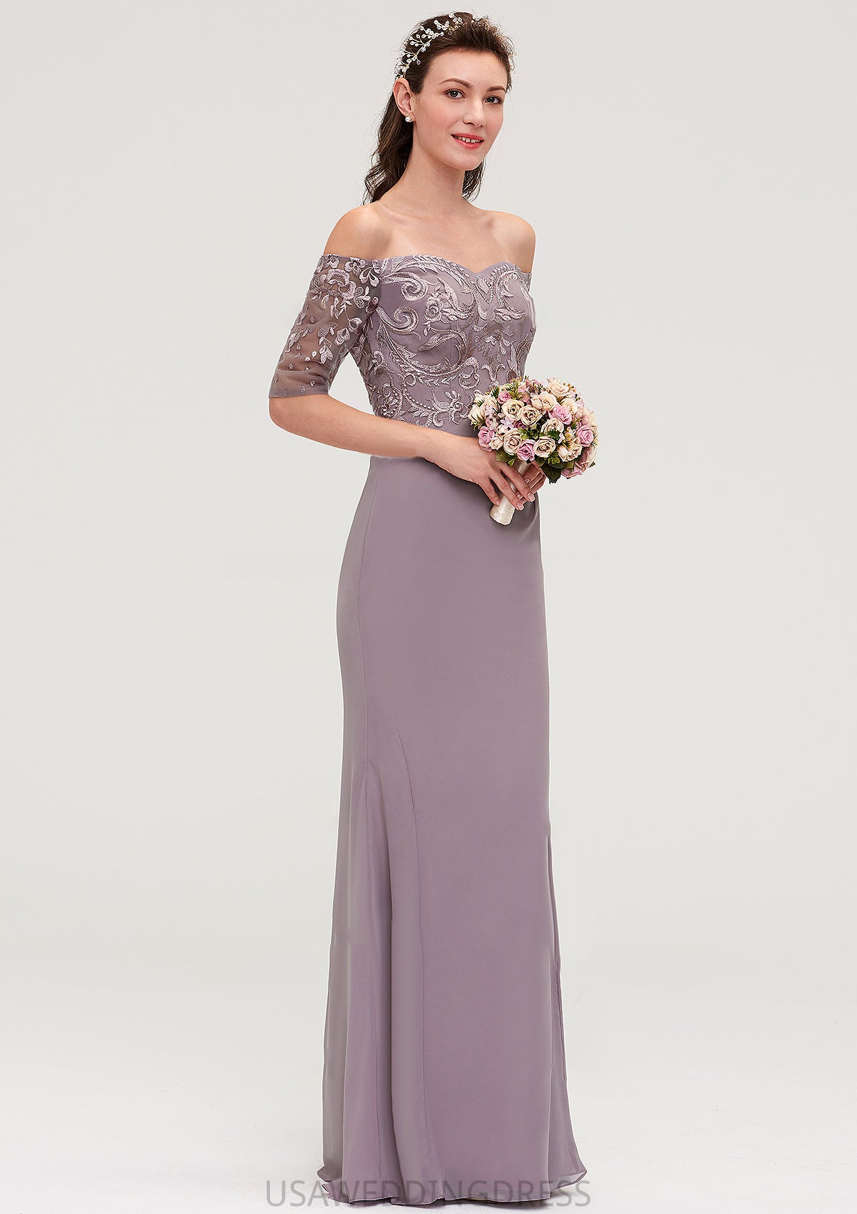 Off-the-Shoulder Half Sleeve Sheath/Column Long/Floor-Length Chiffon Bridesmaid Dresseses With Appliqued Salome DSP0025458