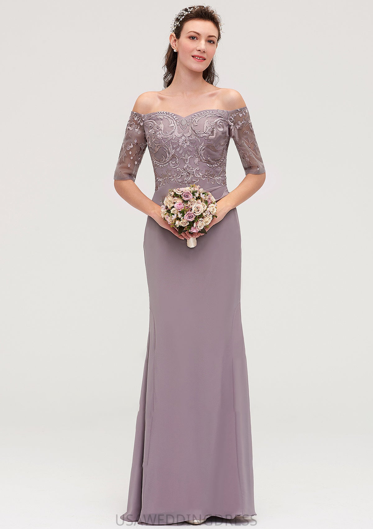 Off-the-Shoulder Half Sleeve Sheath/Column Long/Floor-Length Chiffon Bridesmaid Dresseses With Appliqued Salome DSP0025458