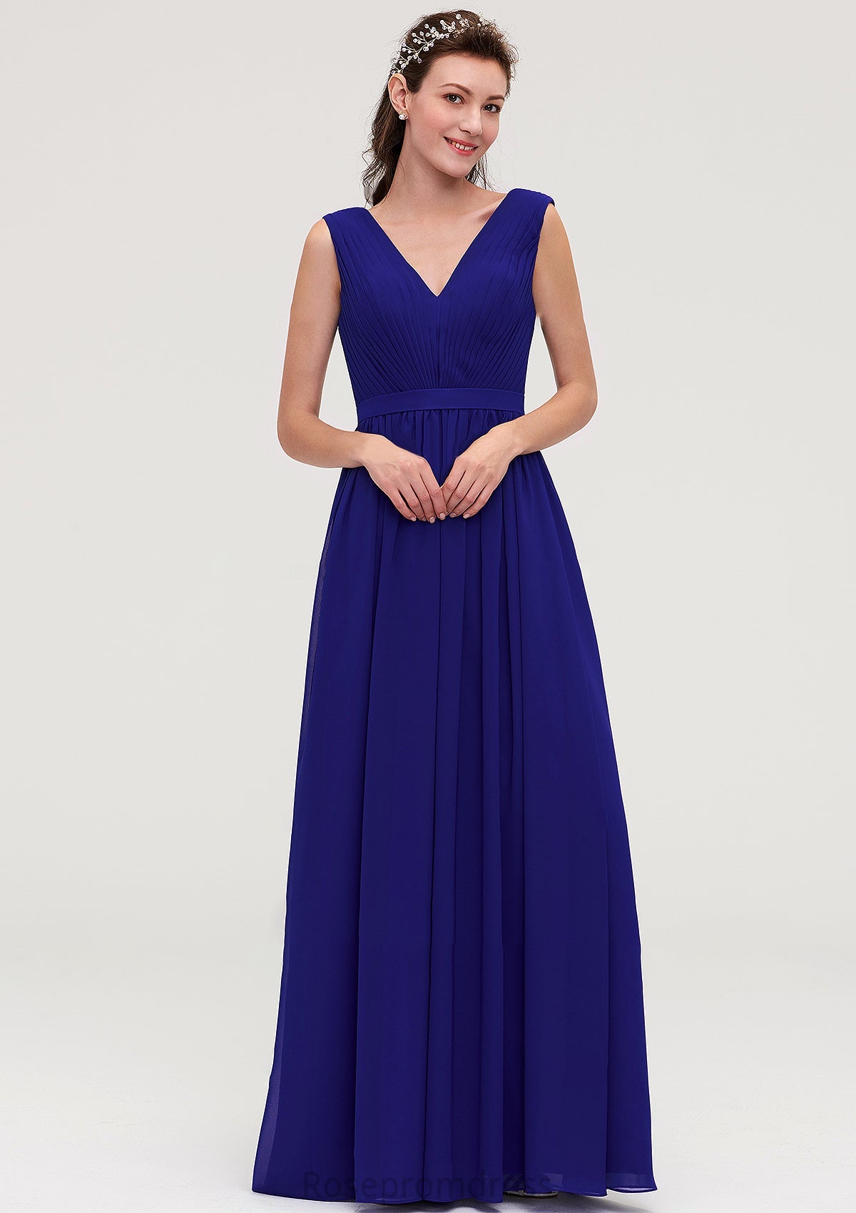 Sleeveless V Neck Chiffon A-line/Princess Long/Floor-Length Bridesmaid Dresseses With Pleated Jenny SRSP0025459