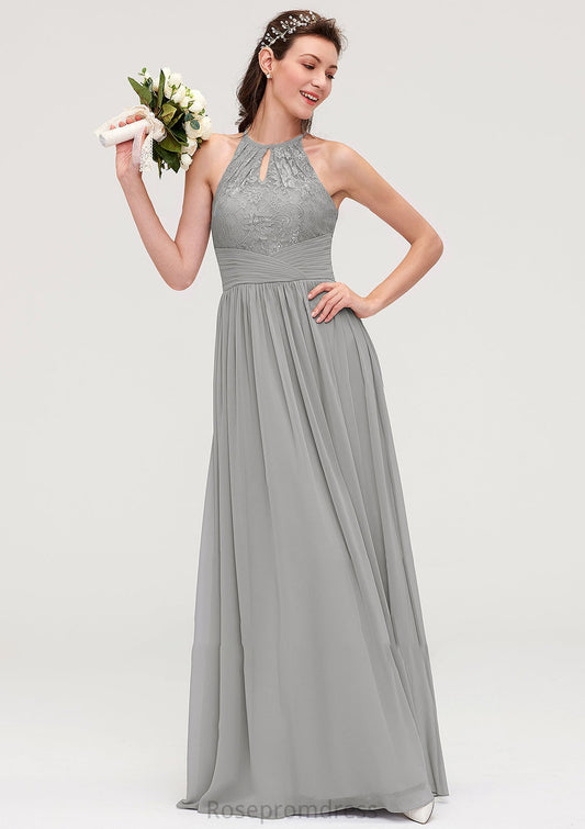 Sleeveless Scoop Neck Chiffon A-line/Princess Long/Floor-Length Bridesmaid Dresseses With Pleated Lace Clara SRSP0025460