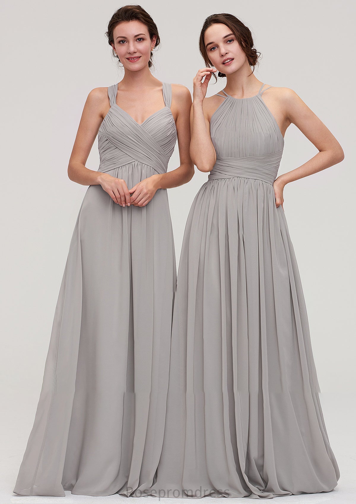 Halter Sleeveless A-line/Princess Long/Floor-Length Chiffon Bridesmaid Dresses With Pleated Anna SRSP0025462