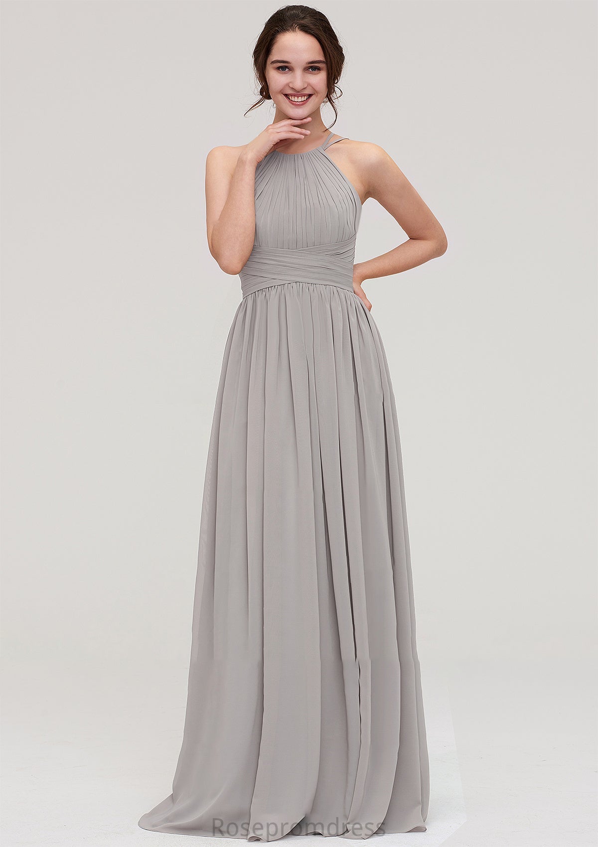 Halter Sleeveless A-line/Princess Long/Floor-Length Chiffon Bridesmaid Dresses With Pleated Anna SRSP0025462