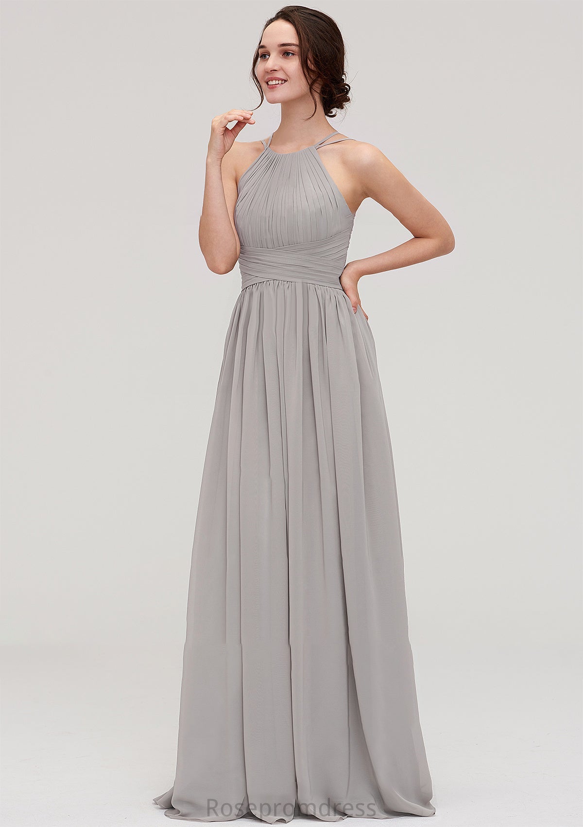 Halter Sleeveless A-line/Princess Long/Floor-Length Chiffon Bridesmaid Dresses With Pleated Anna SRSP0025462