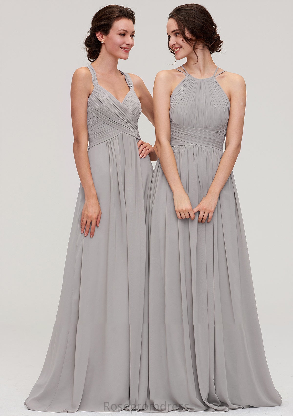 Halter Sleeveless A-line/Princess Long/Floor-Length Chiffon Bridesmaid Dresses With Pleated Anna SRSP0025462