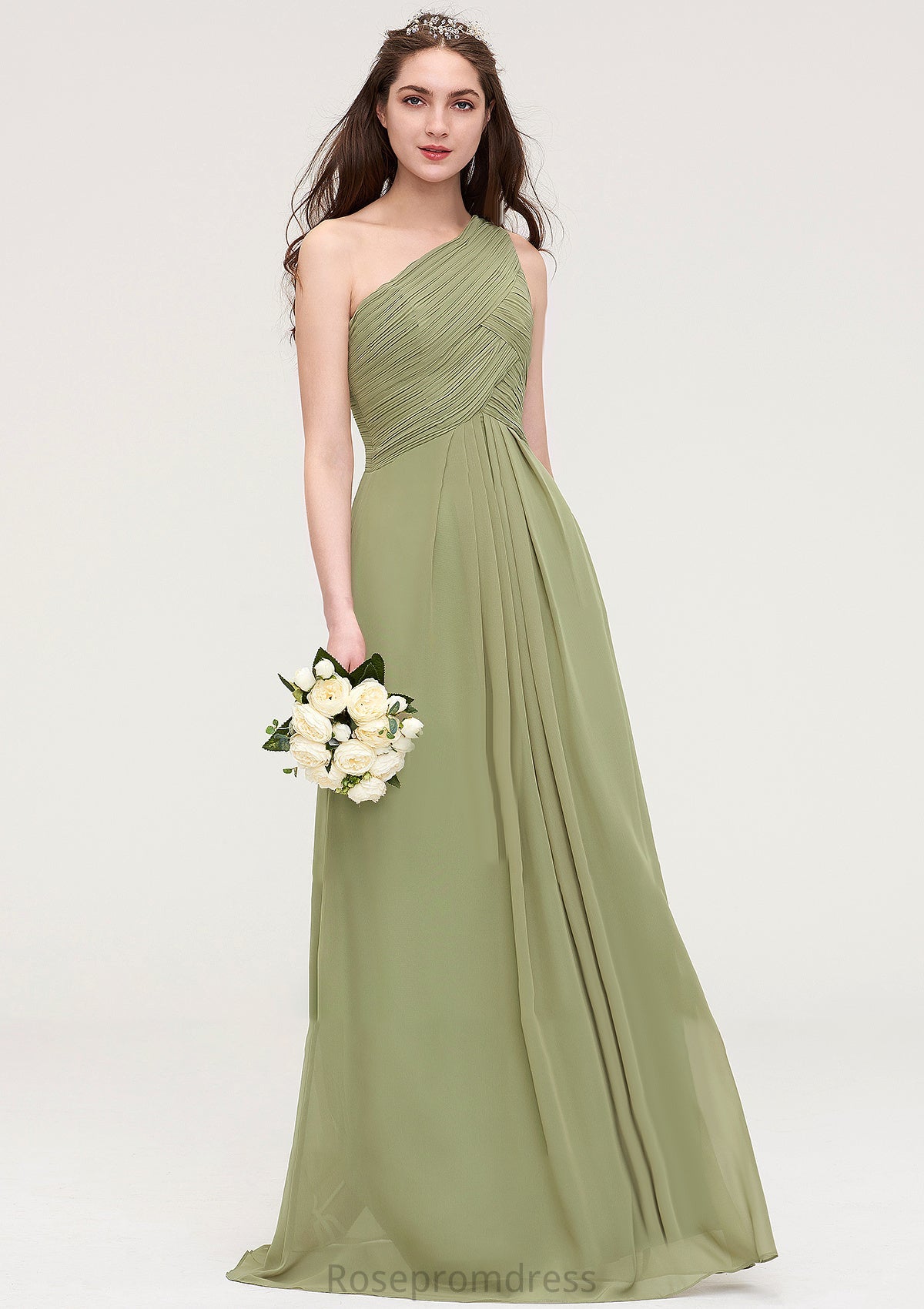 Sleeveless One-Shoulder Long/Floor-Length Chiffon A-line/Princess Bridesmaid Dresses With Pleated Angelica SRSP0025463