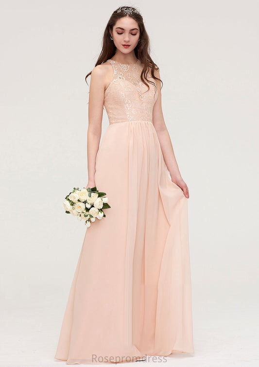 Bateau Sleeveless Long/Floor-Length Chiffon A-line/Princess Bridesmaid Dresses With Lace Pleated Cassidy SRSP0025464