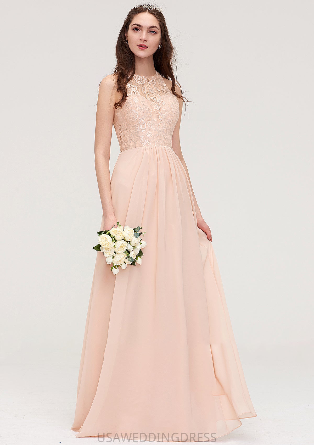 Bateau Sleeveless Long/Floor-Length Chiffon A-line/Princess Bridesmaid Dresses With Lace Pleated Danielle DSP0025464