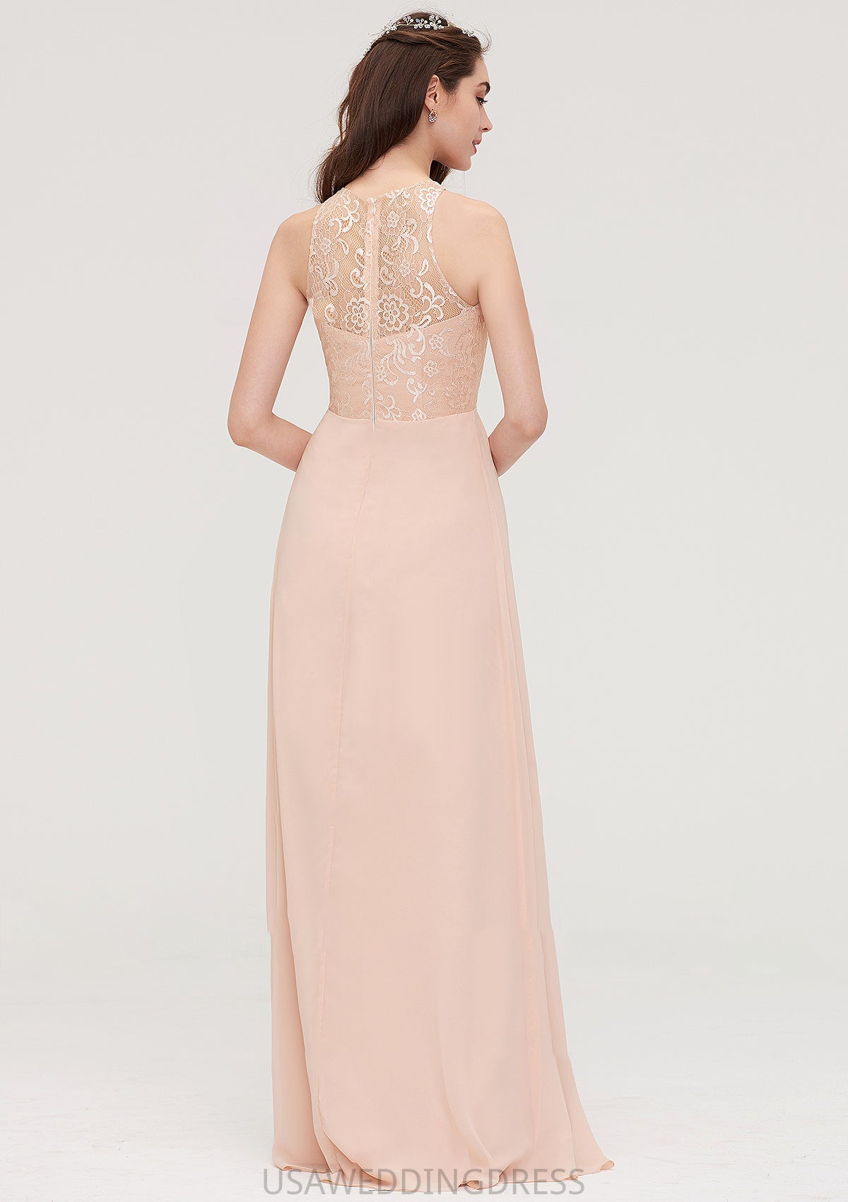 Bateau Sleeveless Long/Floor-Length Chiffon A-line/Princess Bridesmaid Dresses With Lace Pleated Danielle DSP0025464