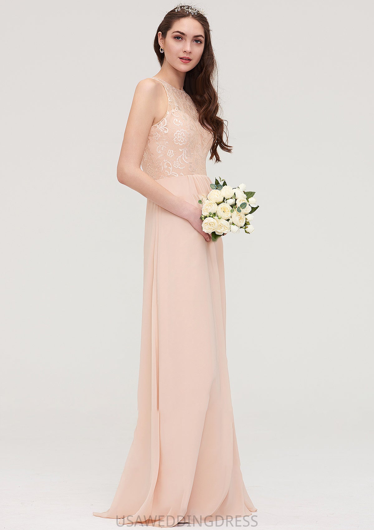 Bateau Sleeveless Long/Floor-Length Chiffon A-line/Princess Bridesmaid Dresses With Lace Pleated Danielle DSP0025464