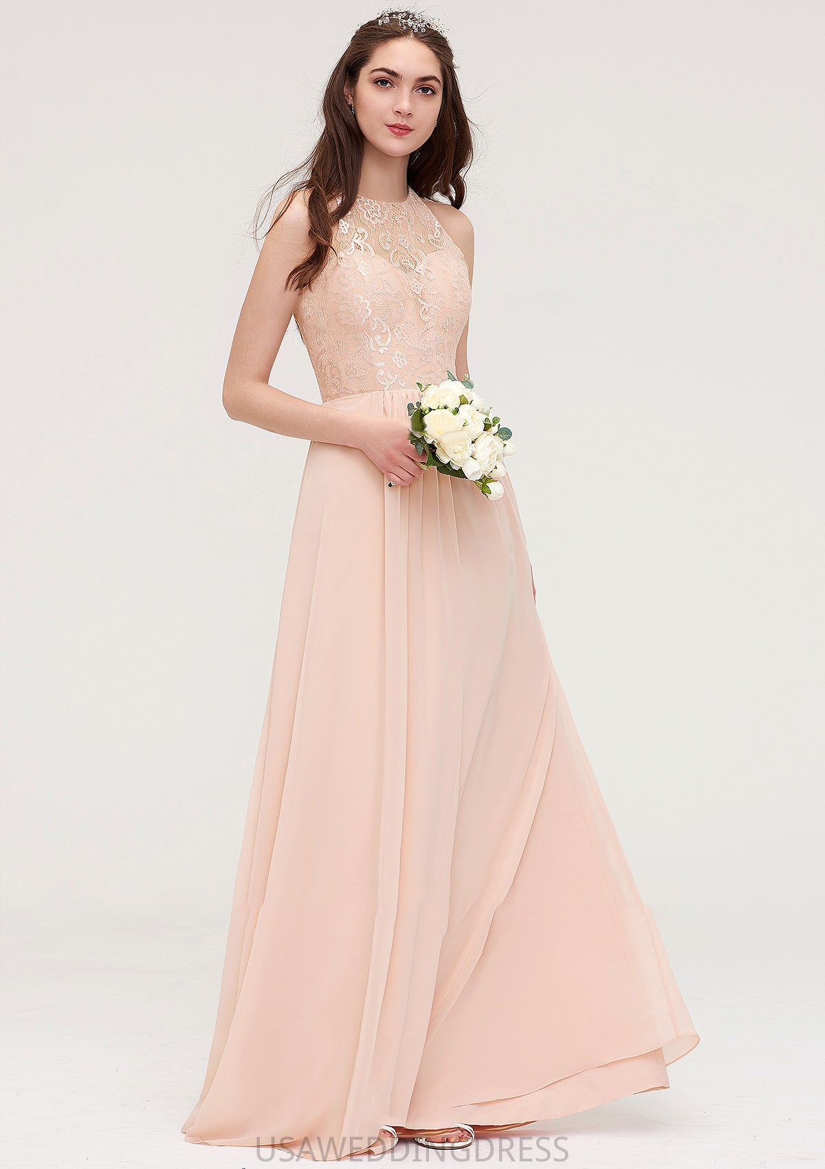 Bateau Sleeveless Long/Floor-Length Chiffon A-line/Princess Bridesmaid Dresses With Lace Pleated Danielle DSP0025464