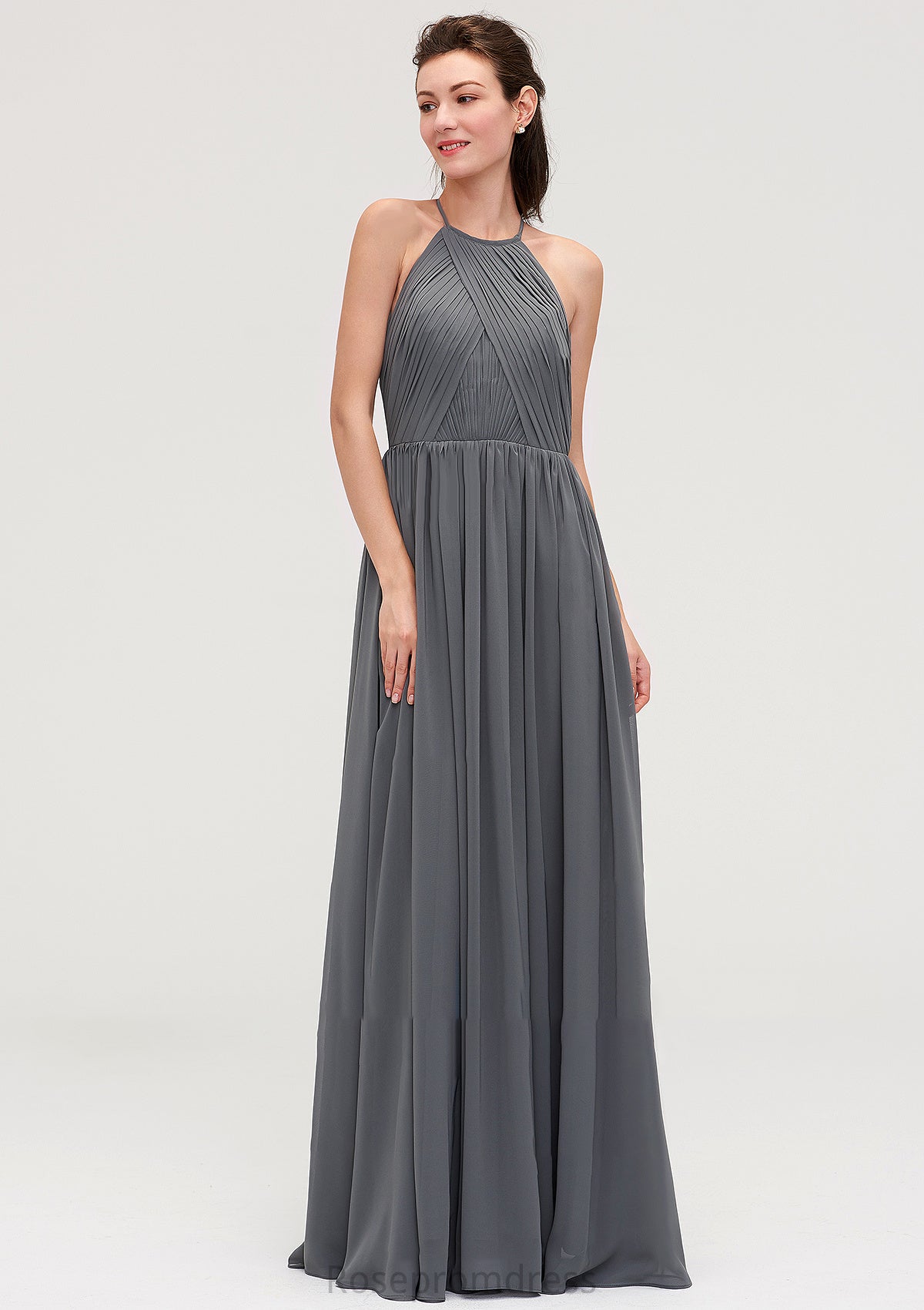 Sleeveless Halter Chiffon A-line/Princess Long/Floor-Length Bridesmaid Dresseses With Pleated Elizabeth SRSP0025466