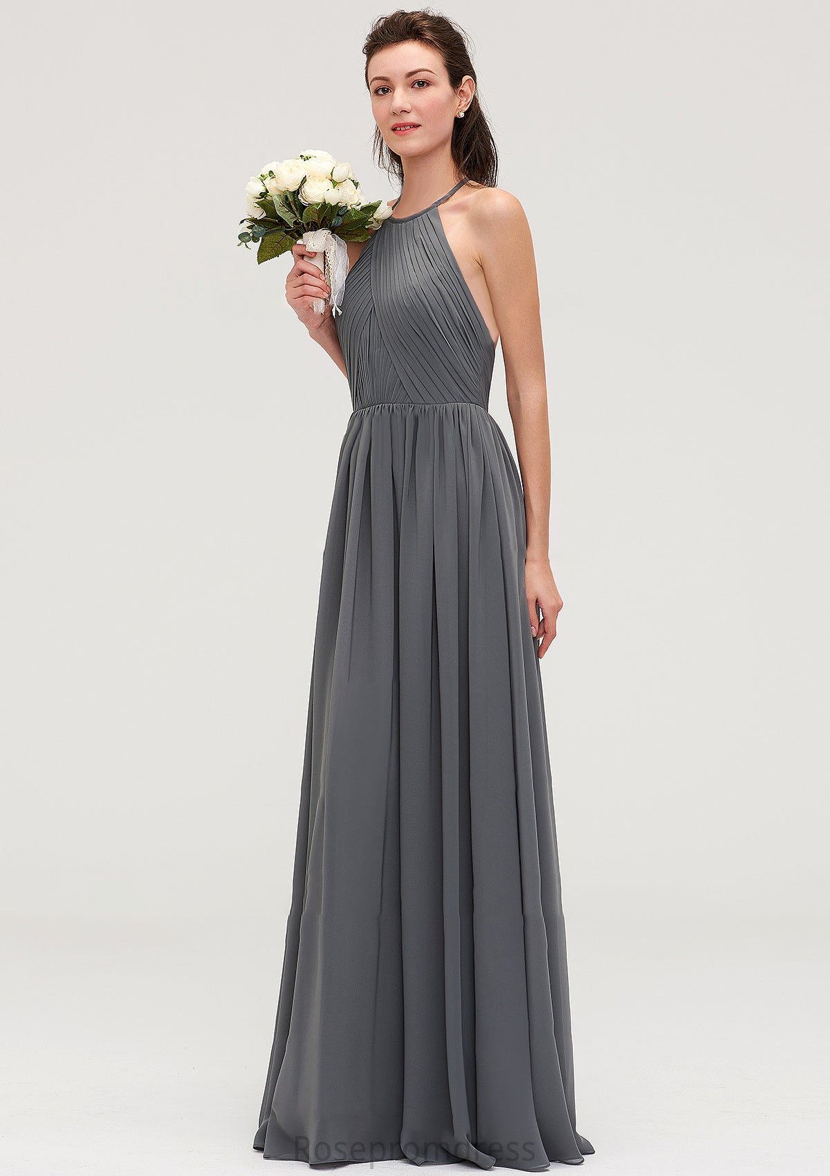 Sleeveless Halter Chiffon A-line/Princess Long/Floor-Length Bridesmaid Dresseses With Pleated Elizabeth SRSP0025466