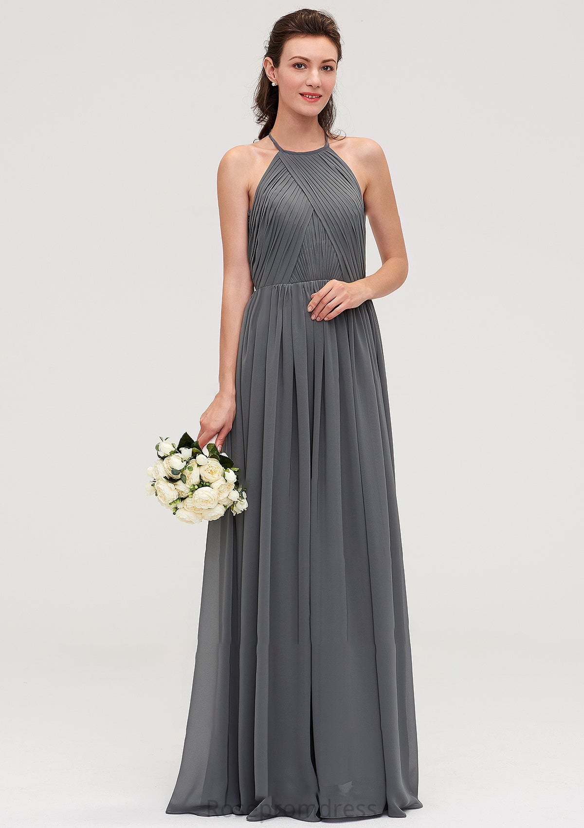 Sleeveless Halter Chiffon A-line/Princess Long/Floor-Length Bridesmaid Dresseses With Pleated Elizabeth SRSP0025466