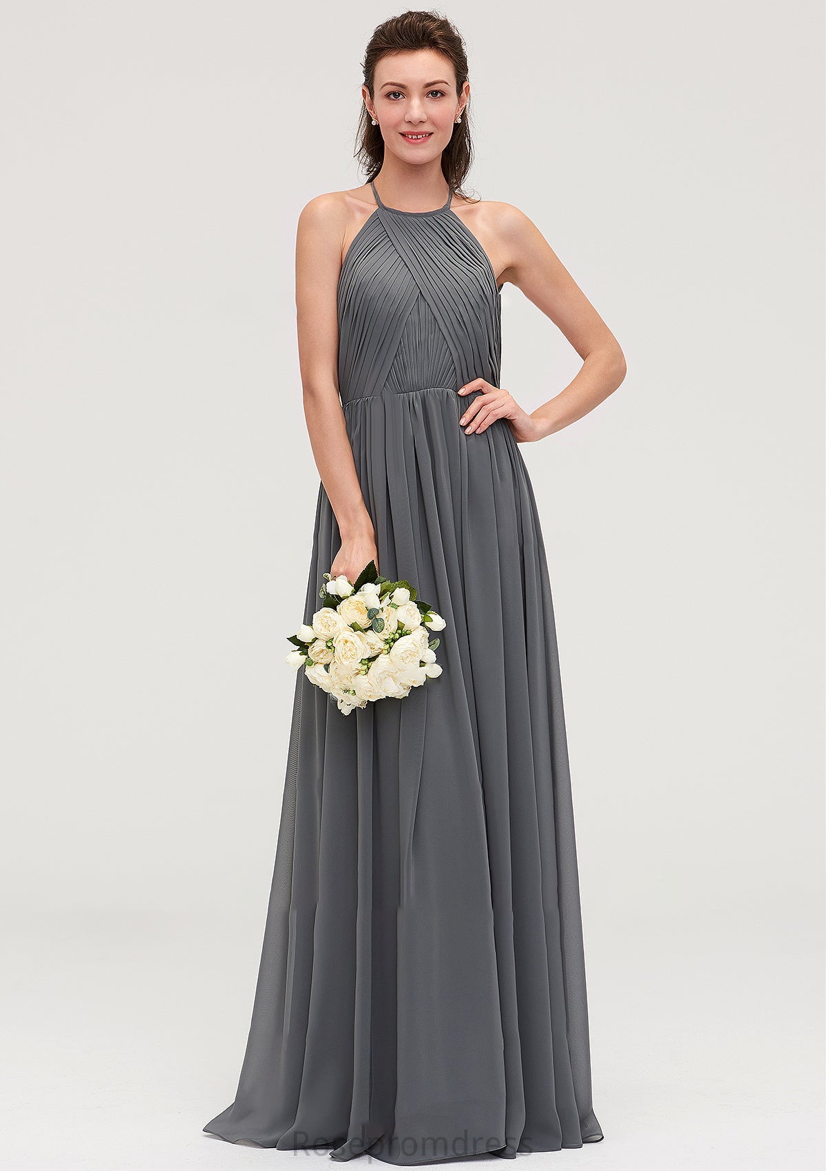 Sleeveless Halter Chiffon A-line/Princess Long/Floor-Length Bridesmaid Dresseses With Pleated Elizabeth SRSP0025466