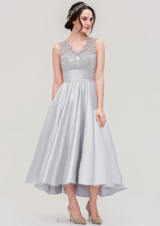 Sleeveless V Neck Asymmetrical Satin A-line/Princess Bridesmaid Dresses With Pleated Lace Johanna SRSP0025468