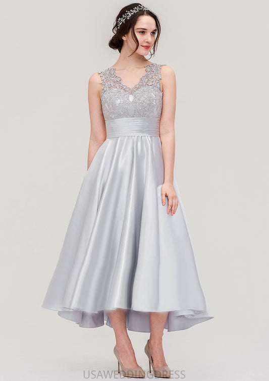 Sleeveless V Neck Asymmetrical Satin A-line/Princess Bridesmaid Dresses With Pleated Lace Tiana DSP0025468