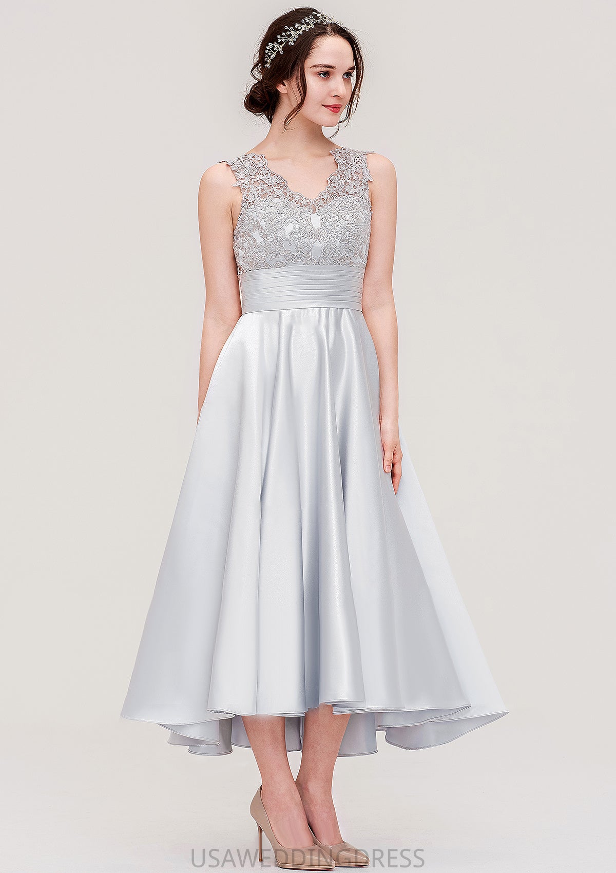 Sleeveless V Neck Asymmetrical Satin A-line/Princess Bridesmaid Dresses With Pleated Lace Tiana DSP0025468