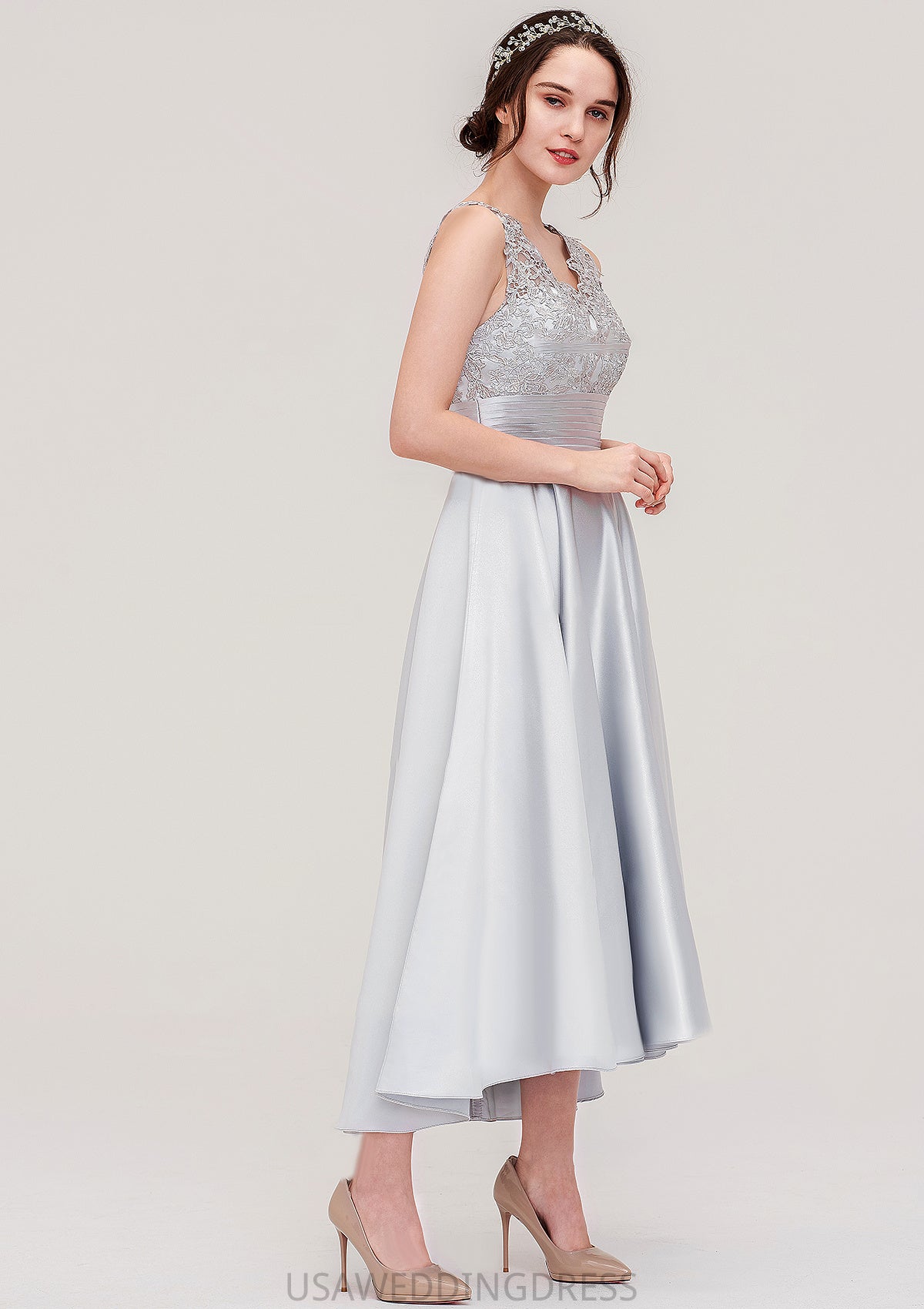 Sleeveless V Neck Asymmetrical Satin A-line/Princess Bridesmaid Dresses With Pleated Lace Tiana DSP0025468