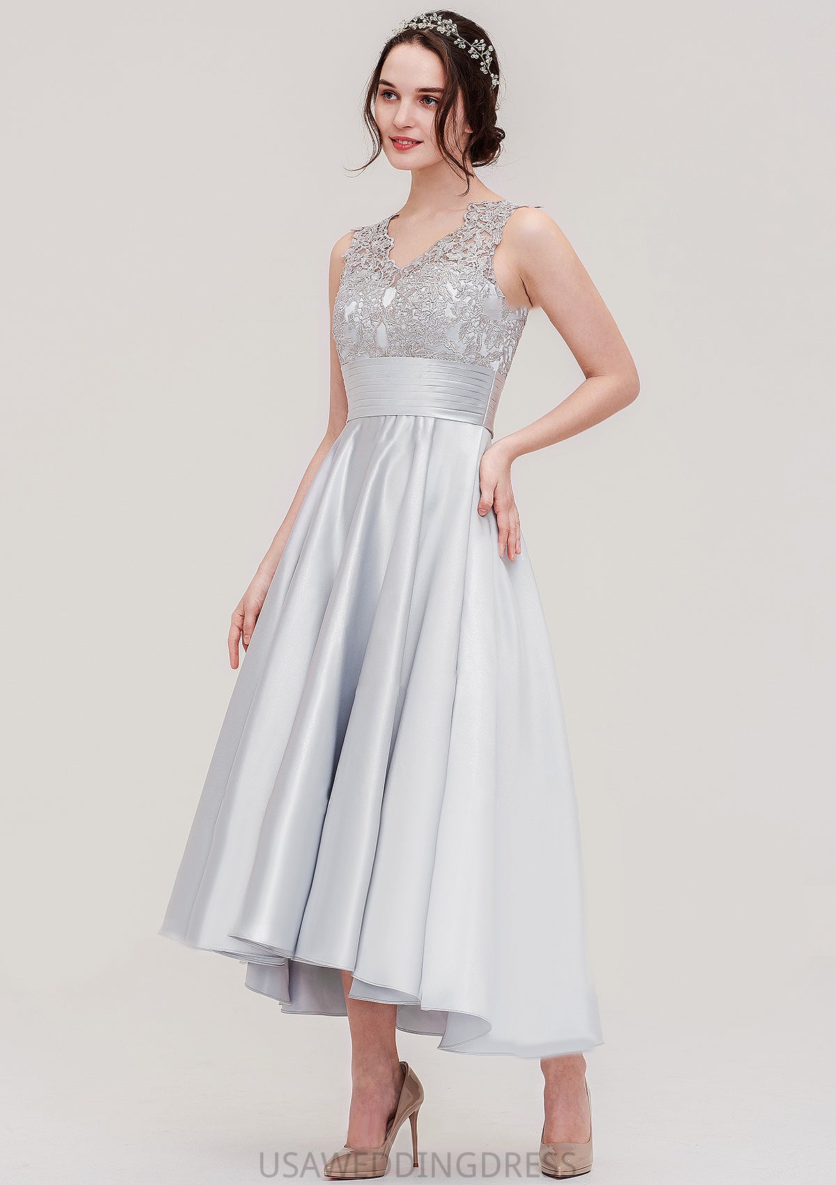 Sleeveless V Neck Asymmetrical Satin A-line/Princess Bridesmaid Dresses With Pleated Lace Tiana DSP0025468