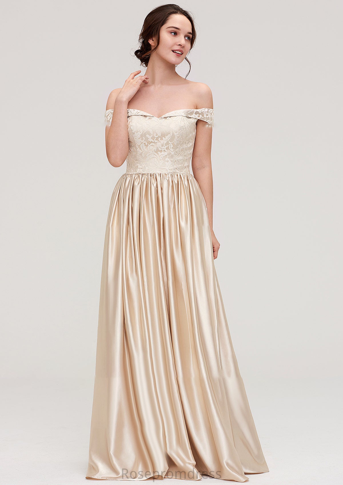 Off-the-Shoulder SleevelessA-line/Princess Charmeuse  Long/Floor-Length Bridesmaid Dresses With Appliqued Sariah SRSP0025469