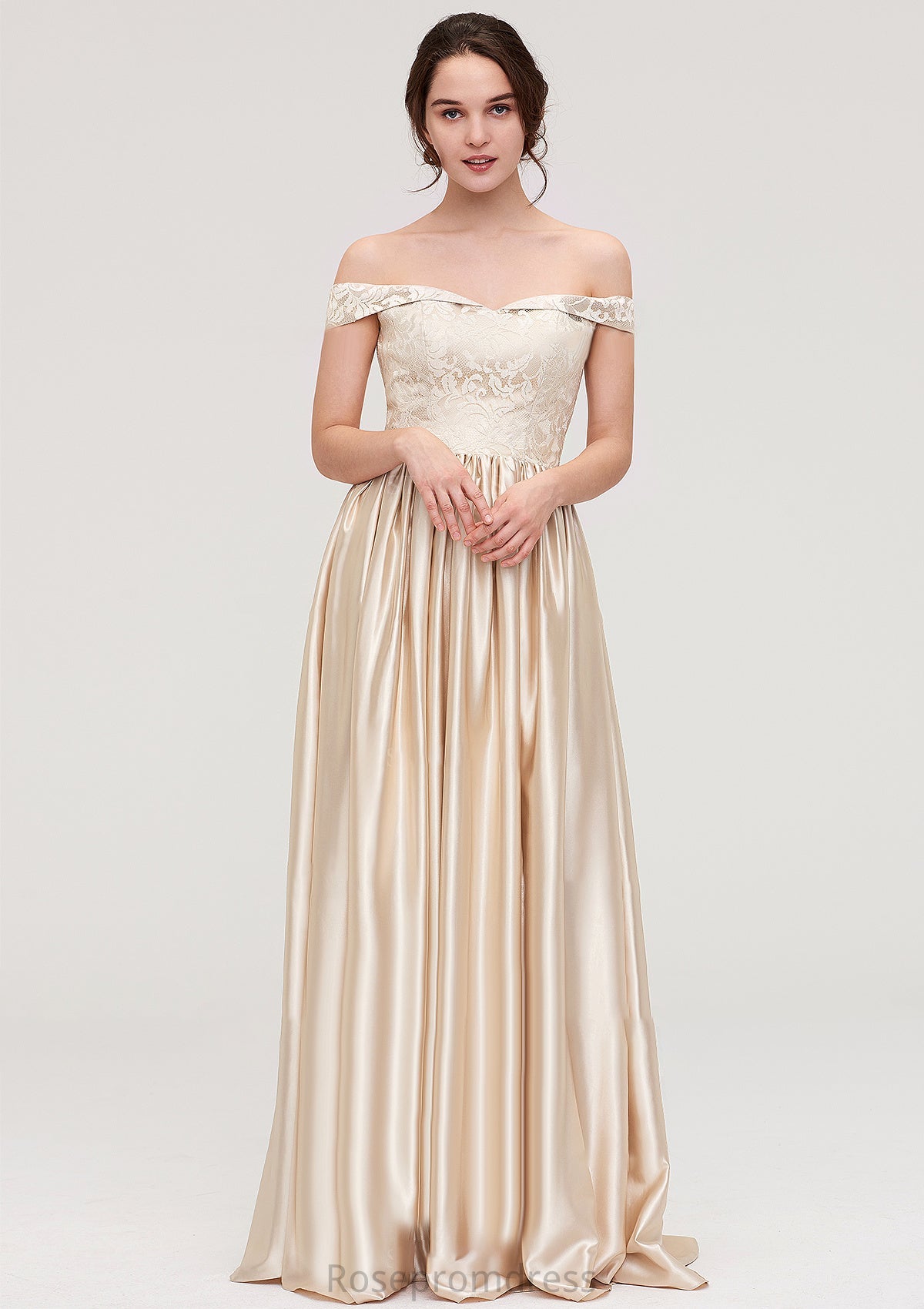 Off-the-Shoulder SleevelessA-line/Princess Charmeuse  Long/Floor-Length Bridesmaid Dresses With Appliqued Sariah SRSP0025469