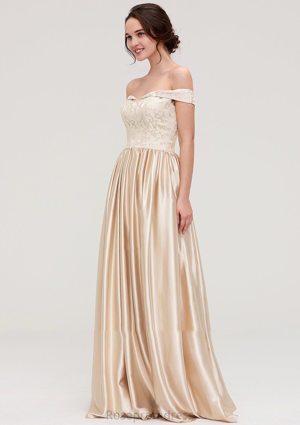 Off-the-Shoulder SleevelessA-line/Princess Charmeuse  Long/Floor-Length Bridesmaid Dresses With Appliqued Sariah SRSP0025469