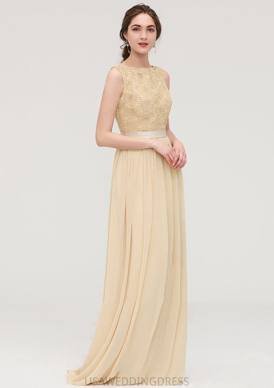 Bateau Sleeveless A-line/Princess Chiffon Long/Floor-Length Bridesmaid Dresses With Sashes Lace Mina DSP0025472