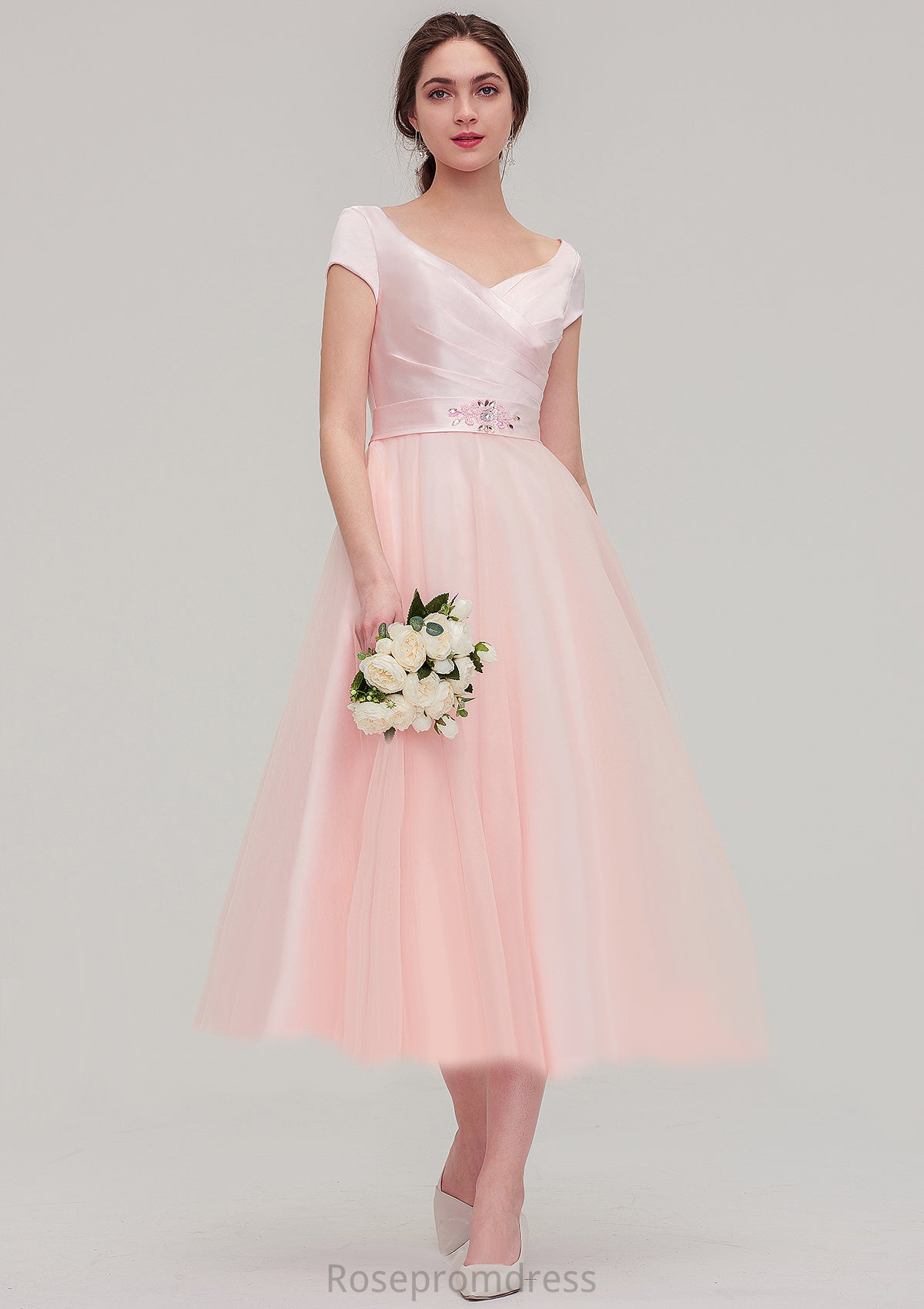 Sweetheart Short Sleeve Tea-Length Tulle A-line/Princess Bridesmaid Dresses With Waistband Beading Pleated Marlee SRSP0025473