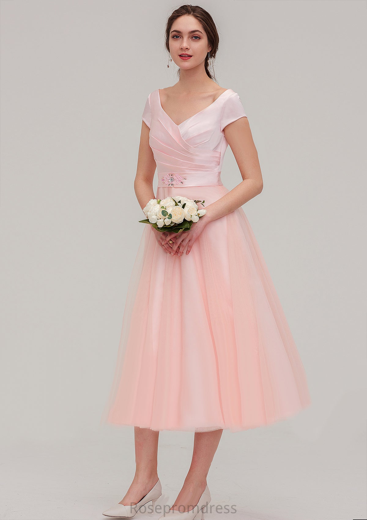 Sweetheart Short Sleeve Tea-Length Tulle A-line/Princess Bridesmaid Dresses With Waistband Beading Pleated Marlee SRSP0025473