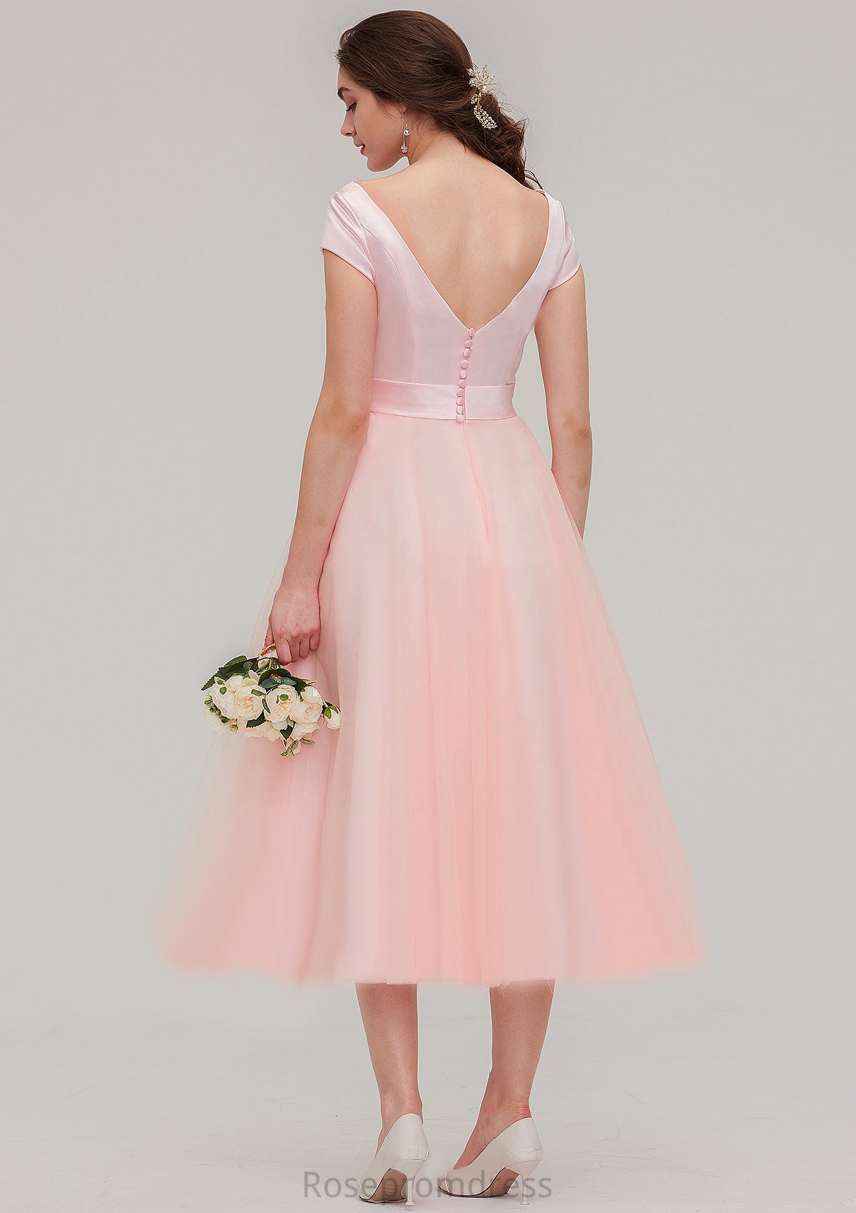 Sweetheart Short Sleeve Tea-Length Tulle A-line/Princess Bridesmaid Dresses With Waistband Beading Pleated Marlee SRSP0025473