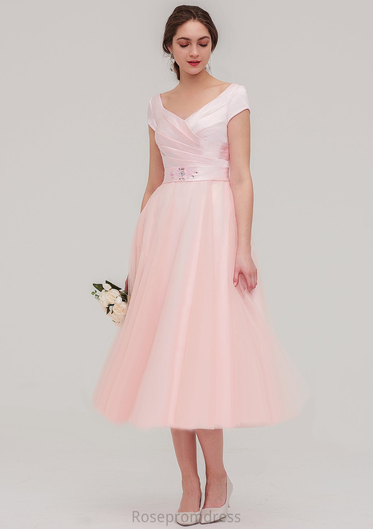 Sweetheart Short Sleeve Tea-Length Tulle A-line/Princess Bridesmaid Dresses With Waistband Beading Pleated Marlee SRSP0025473