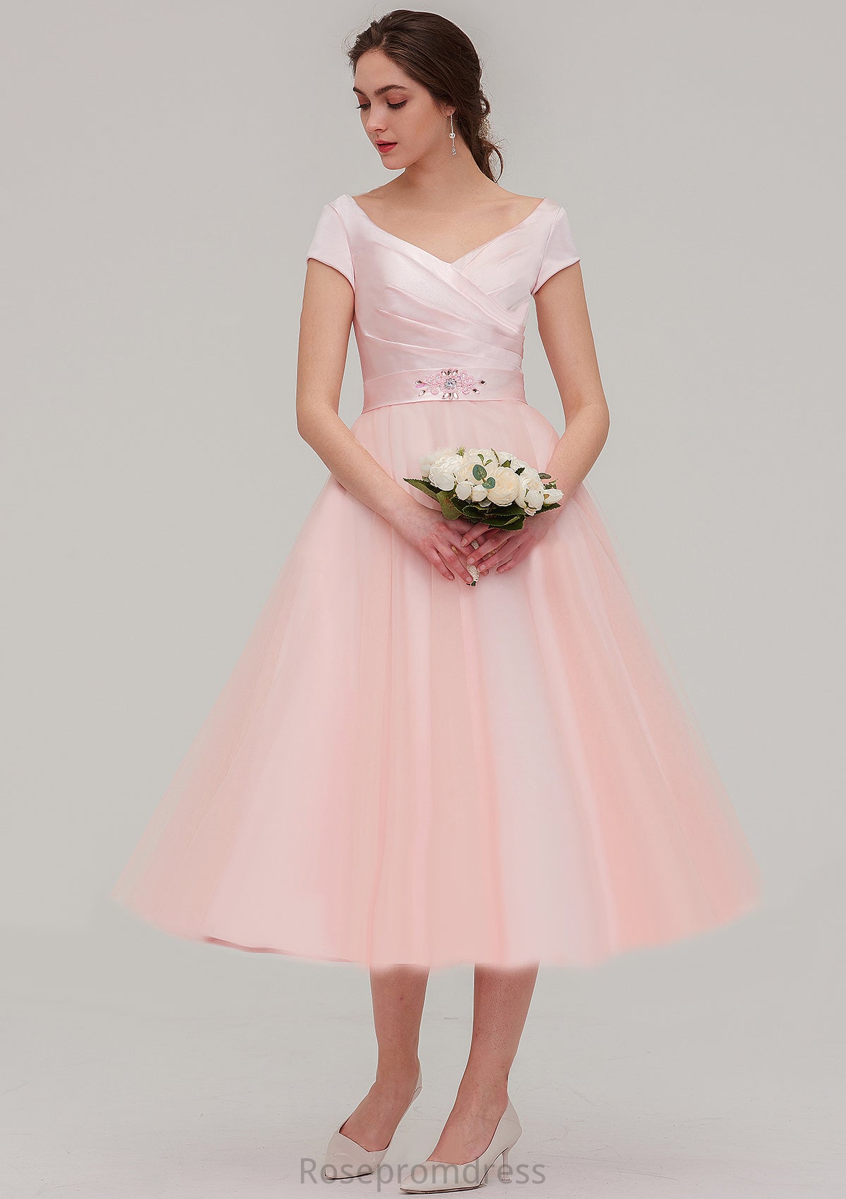 Sweetheart Short Sleeve Tea-Length Tulle A-line/Princess Bridesmaid Dresses With Waistband Beading Pleated Marlee SRSP0025473