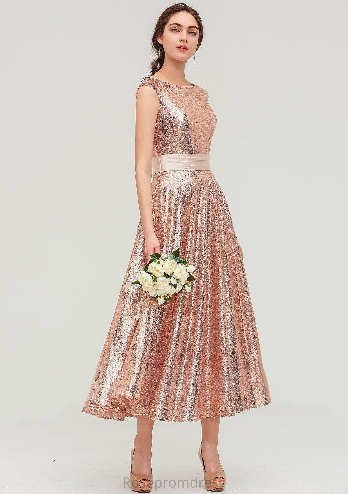 Bateau Sleeveless Tea-Length Sequined A-line/Princess Bridesmaid Dresses With Sashes Nadine SRSP0025474