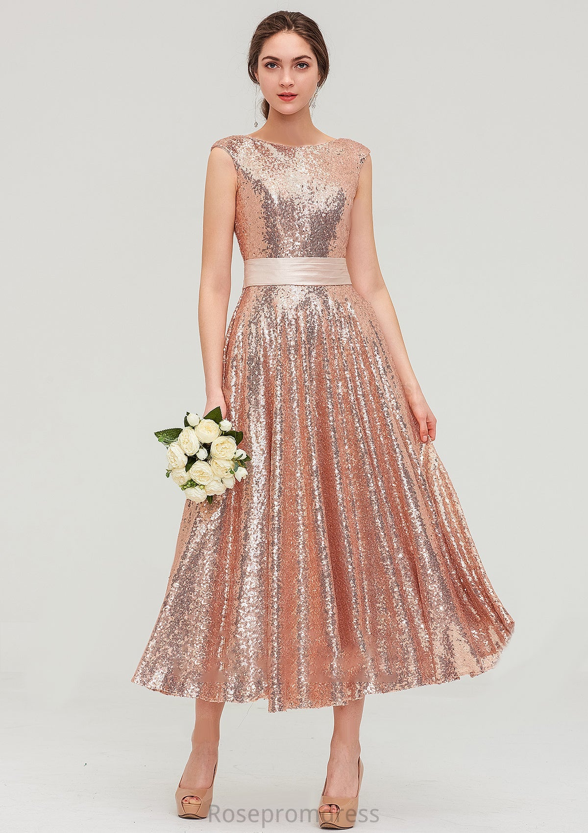 Bateau Sleeveless Tea-Length Sequined A-line/Princess Bridesmaid Dresses With Sashes Nadine SRSP0025474