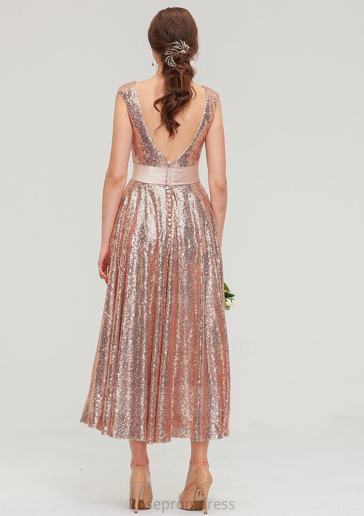 Bateau Sleeveless Tea-Length Sequined A-line/Princess Bridesmaid Dresses With Sashes Nadine SRSP0025474