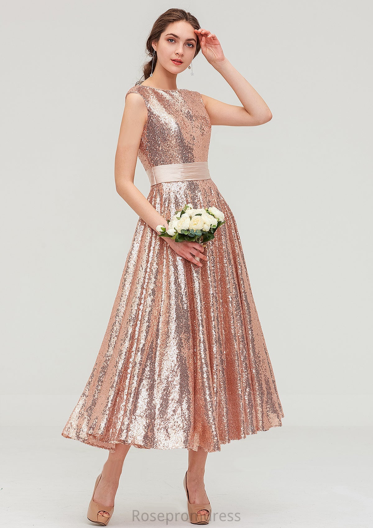 Bateau Sleeveless Tea-Length Sequined A-line/Princess Bridesmaid Dresses With Sashes Nadine SRSP0025474