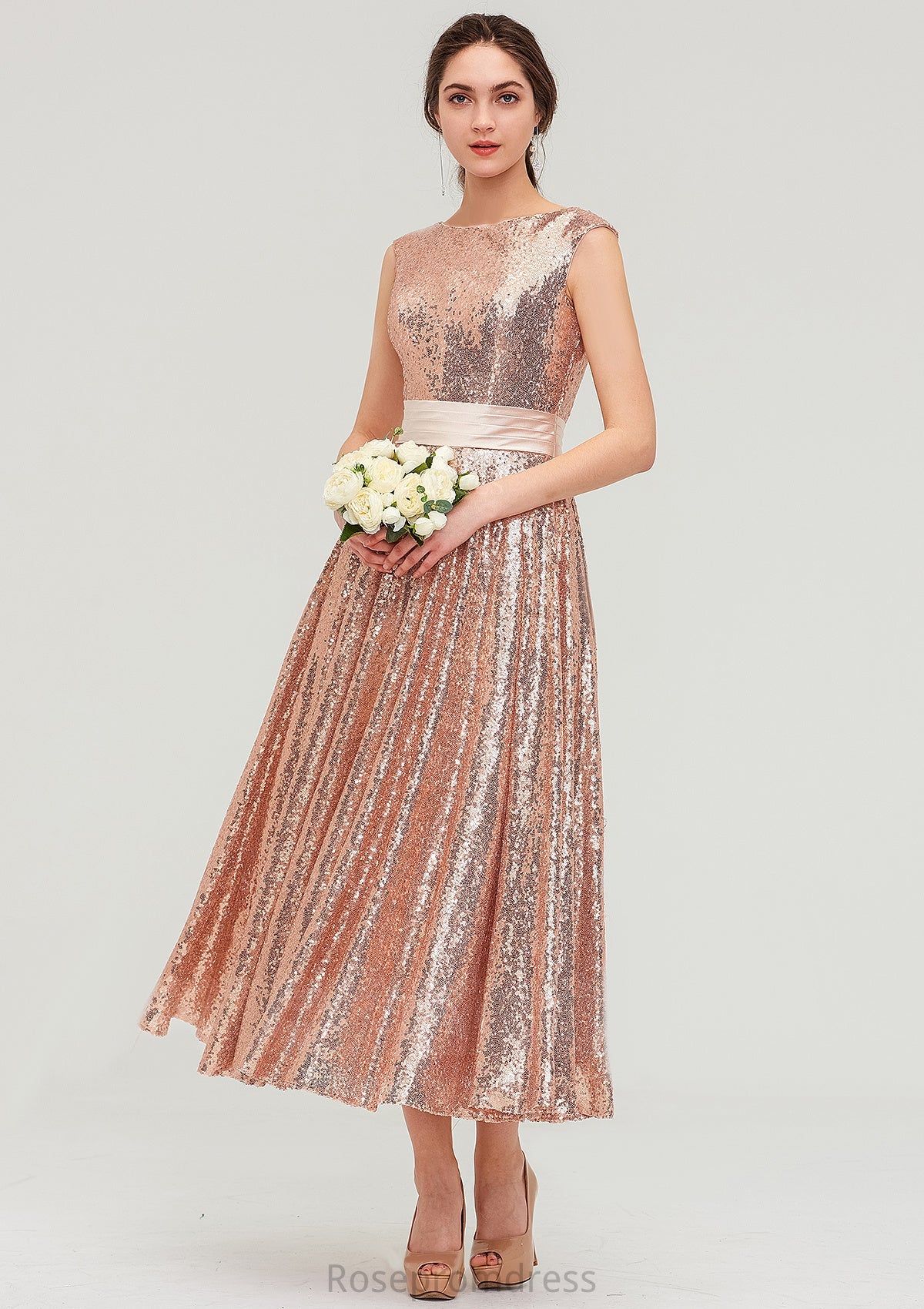 Bateau Sleeveless Tea-Length Sequined A-line/Princess Bridesmaid Dresses With Sashes Nadine SRSP0025474