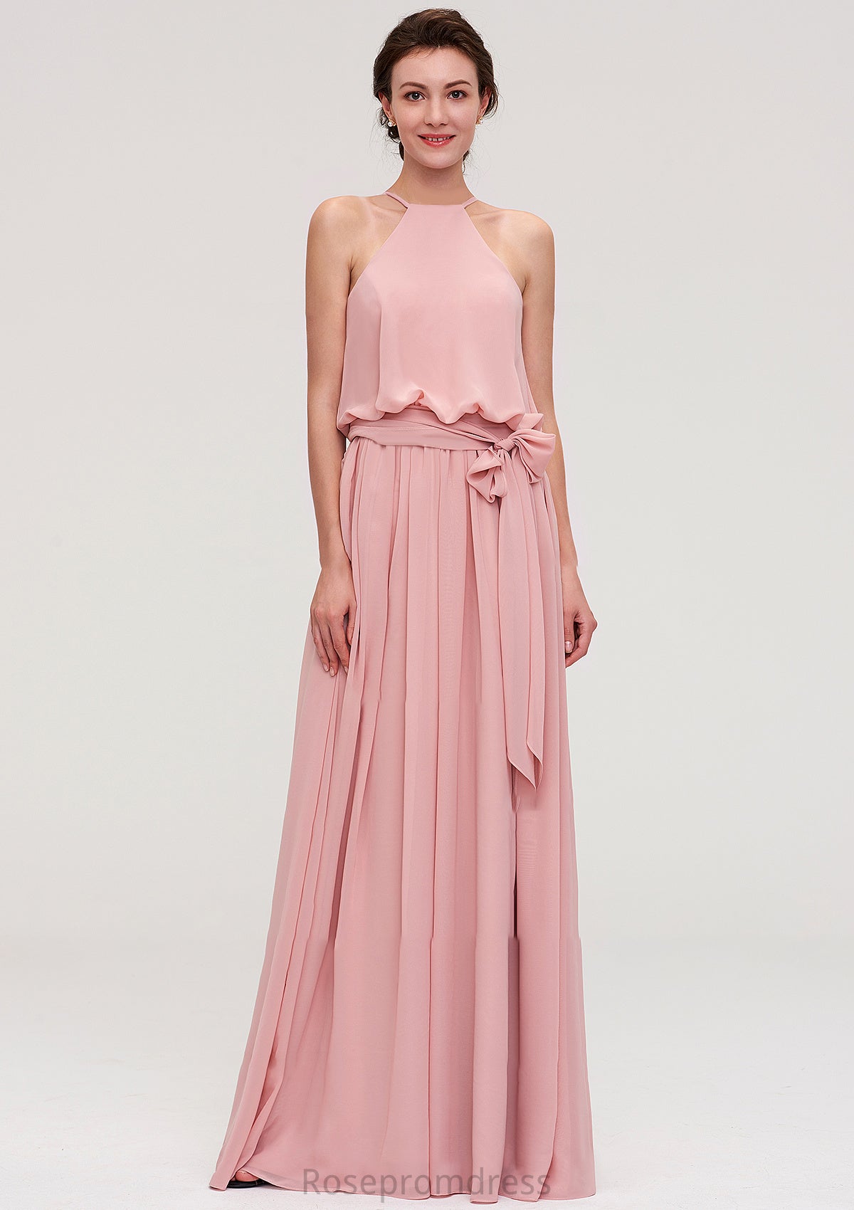 Sleeveless Scoop Neck A-line/Princess Chiffon Long/Floor-Length Bridesmaid Dresseses With Pleated Sashes Kianna SRSP0025476