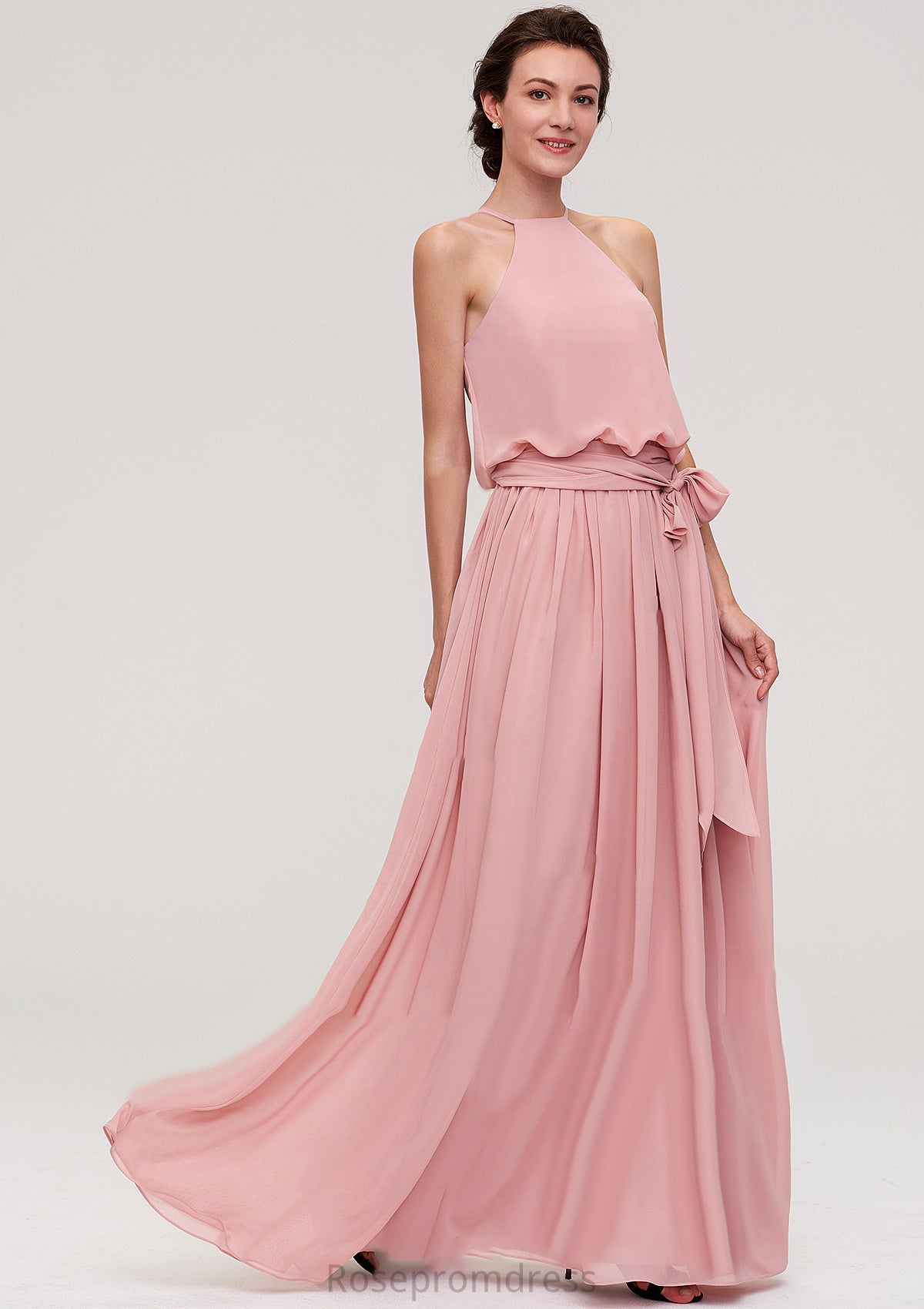 Sleeveless Scoop Neck A-line/Princess Chiffon Long/Floor-Length Bridesmaid Dresseses With Pleated Sashes Kianna SRSP0025476