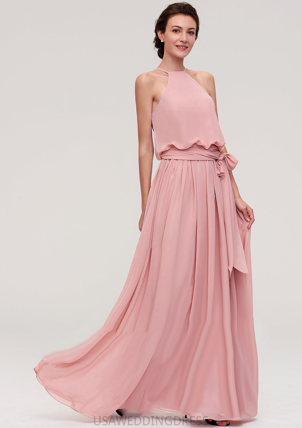 Sleeveless Scoop Neck A-line/Princess Chiffon Long/Floor-Length Bridesmaid Dresseses With Pleated Sashes Shyla DSP0025476