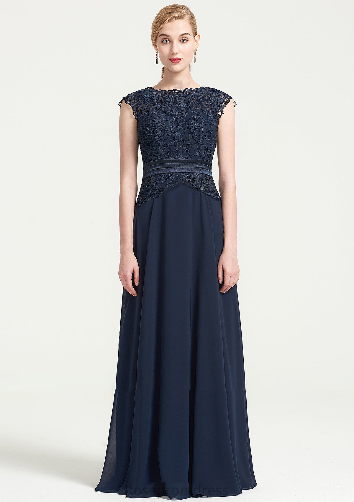 Bateau Sleeveless A-line/Princess Chiffon Long/Floor-Length Bridesmaid Dresses With Sashes Lace Pleated Jill SRSP0025480