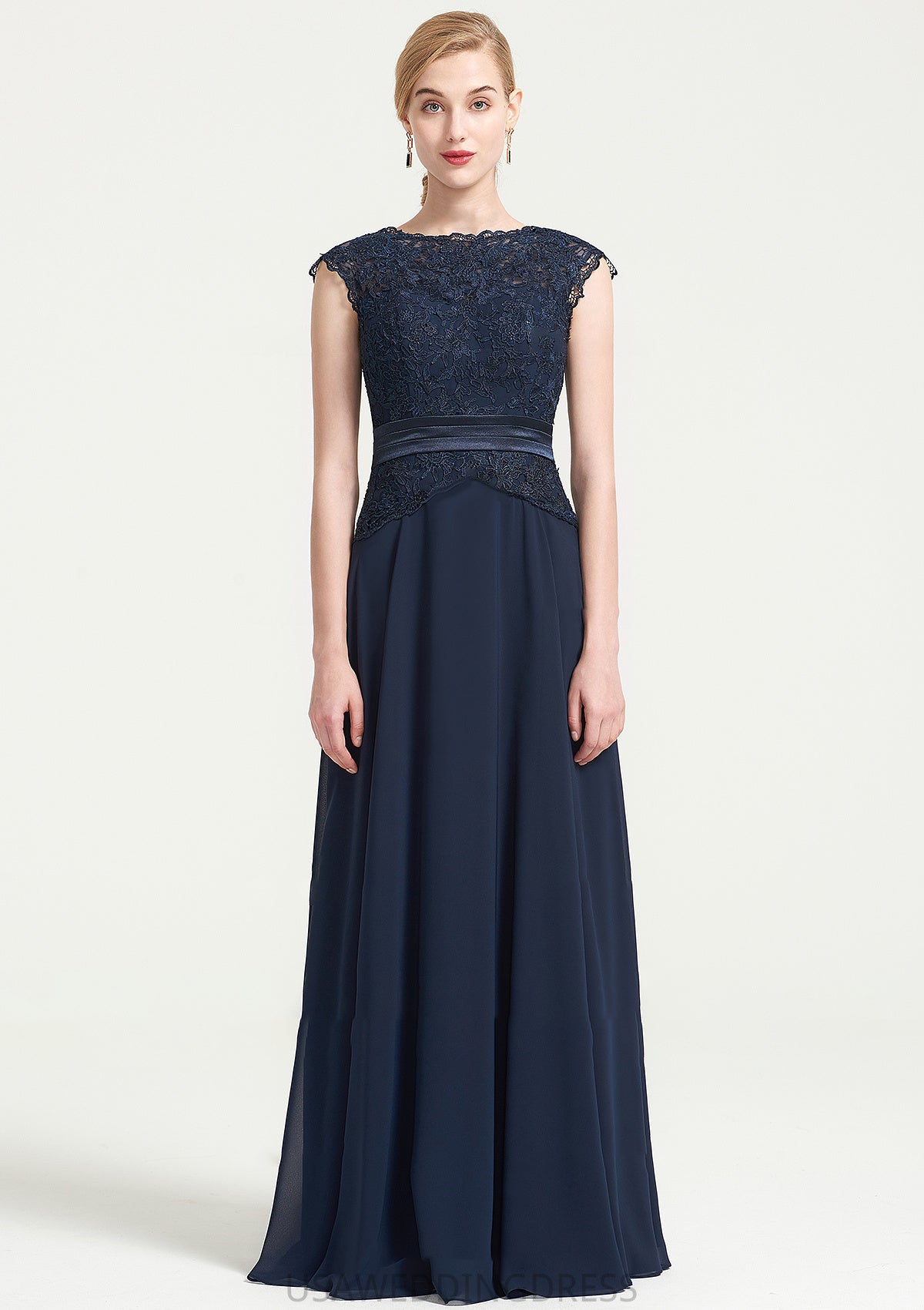 Bateau Sleeveless A-line/Princess Chiffon Long/Floor-Length Bridesmaid Dresses With Sashes Lace Pleated Aisha DSP0025480