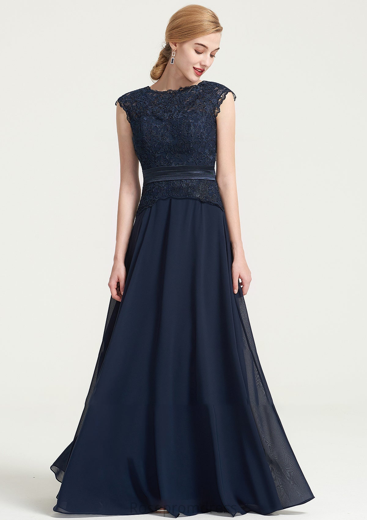 Bateau Sleeveless A-line/Princess Chiffon Long/Floor-Length Bridesmaid Dresses With Sashes Lace Pleated Jill SRSP0025480