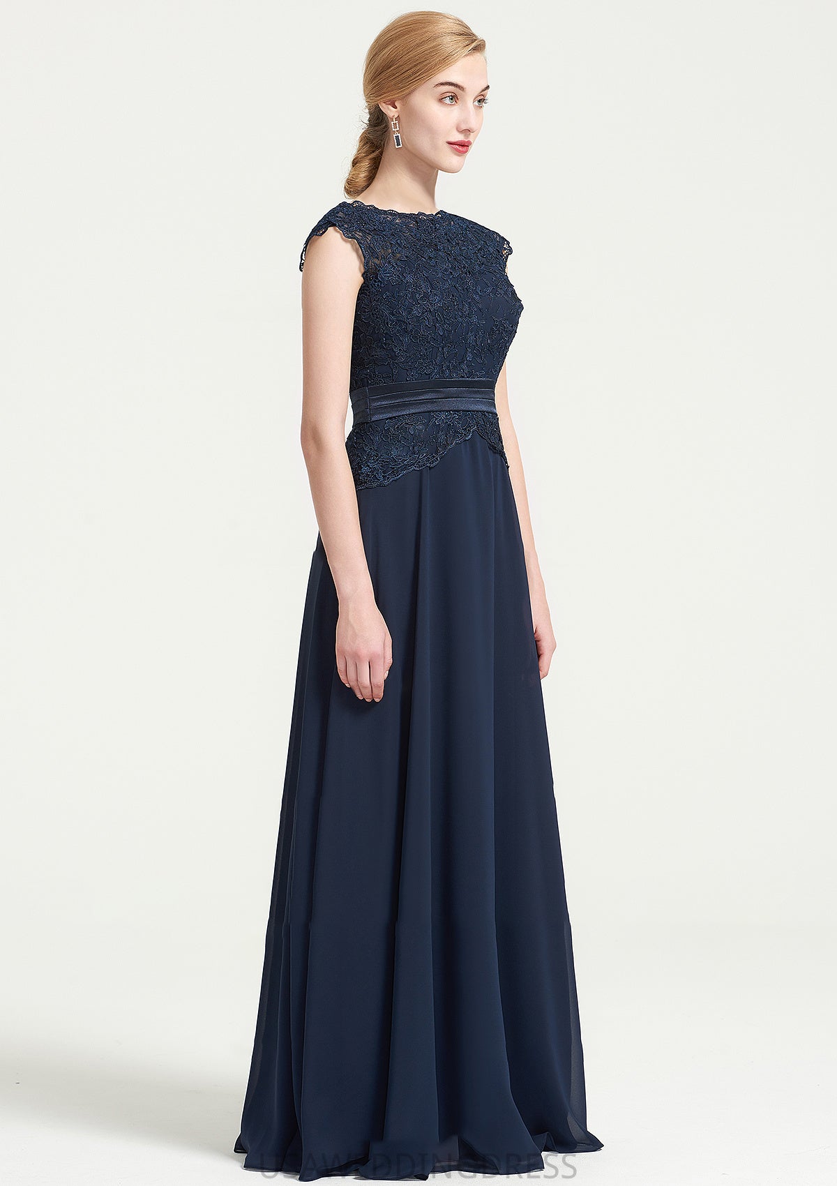 Bateau Sleeveless A-line/Princess Chiffon Long/Floor-Length Bridesmaid Dresses With Sashes Lace Pleated Aisha DSP0025480